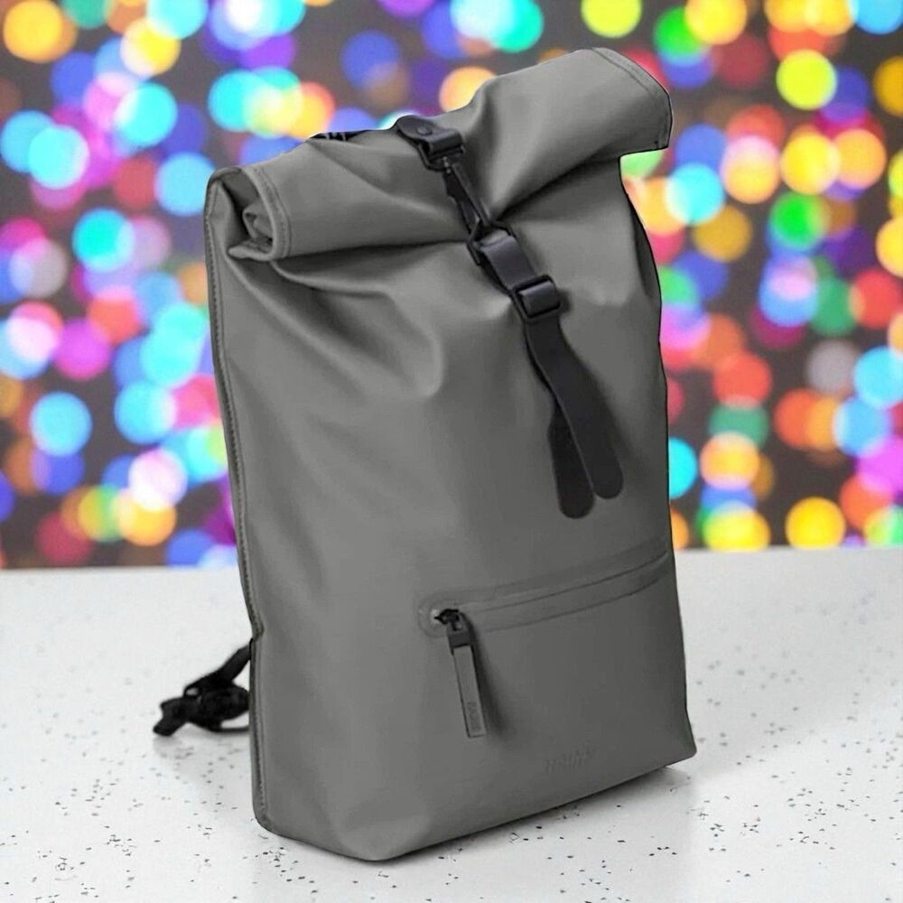 RAINS Rolltop Rucksack in Metallic Grey Brand New with Tags Retail Value $140